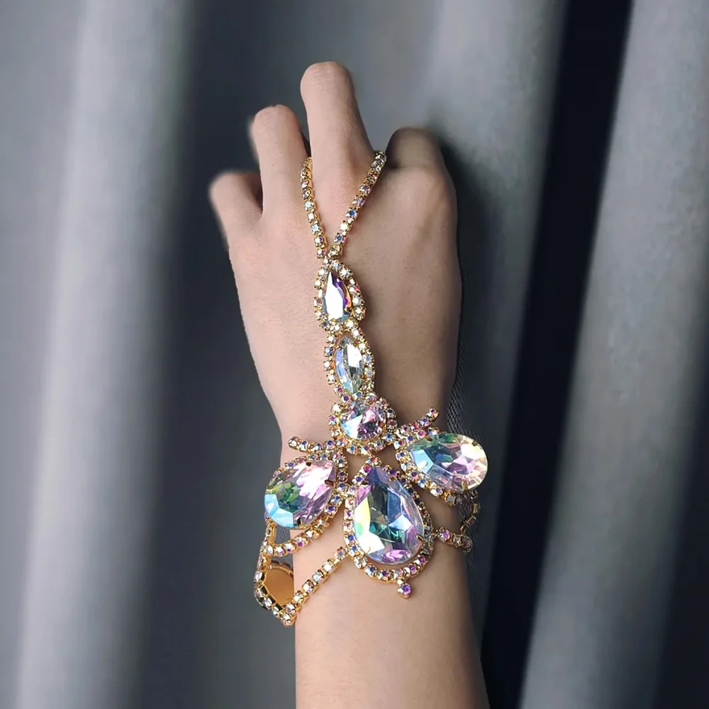 Shiny AB Rhinestone Drop Finger Bracelet Chain for Women Oversize Accessories Exaggerated Belly Dance Crystal Head Jewelry crystal bracelet
