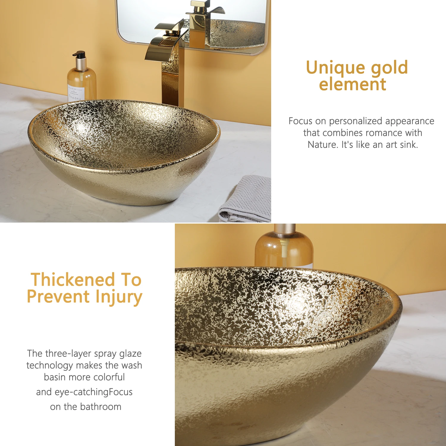 KEMAIDI 16" Gold Bathroom Sink Ceramic Vessel Sinks for Bathrooms Above Counter Bathroom Sink Oval Vessel Sink with Faucet Combo 5