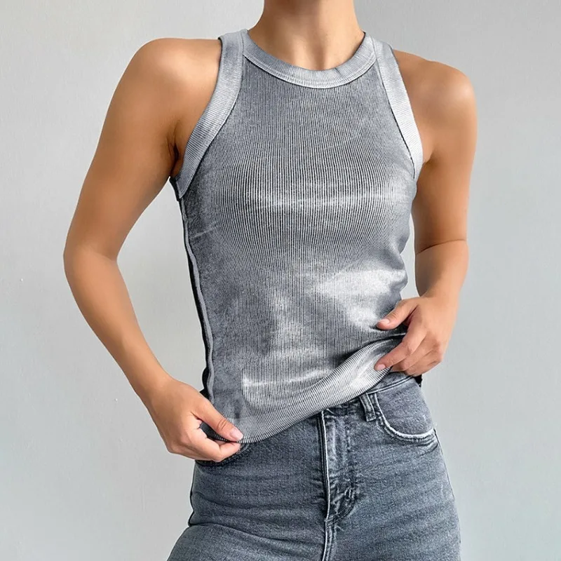 New Spring Women's Fashion Slim Silver Pullover Casual Knitted Tank Top Temperament Commuting Female Elegant Sleeveless T-shirt