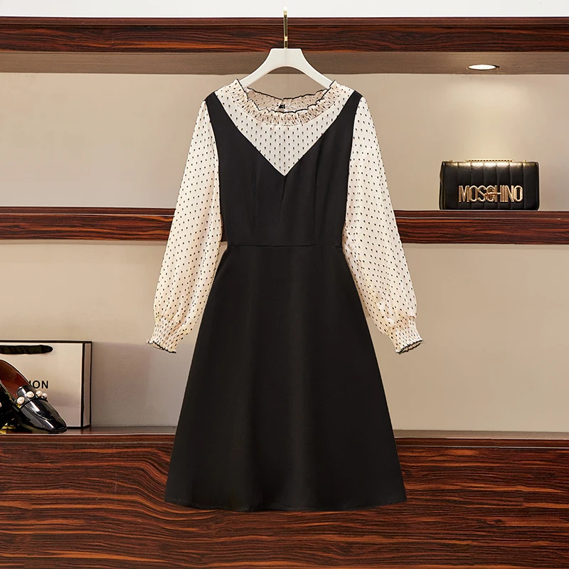 

Dot Printed Mini Dresses For Women Spring Autumn Female O Neck Long Sleeve Large Size 4XL A Line Black Fake Two Pieces Vestidos