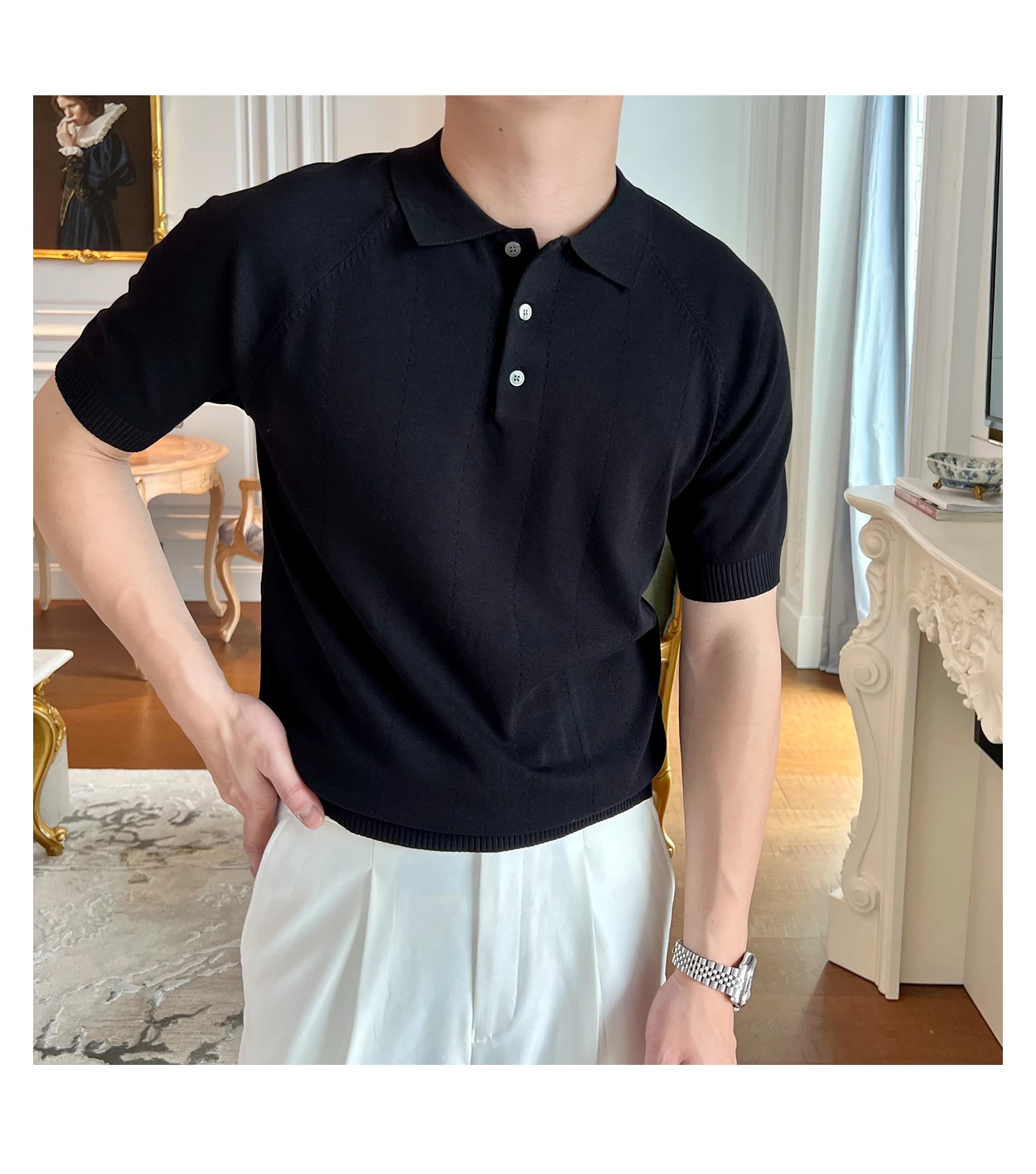 

Summer Men's Slim Luxury Knitted Polo Shirt Vintage Korean Buttons Solid Color Short Sleeve T-Shirt Leisure Knitwear C80