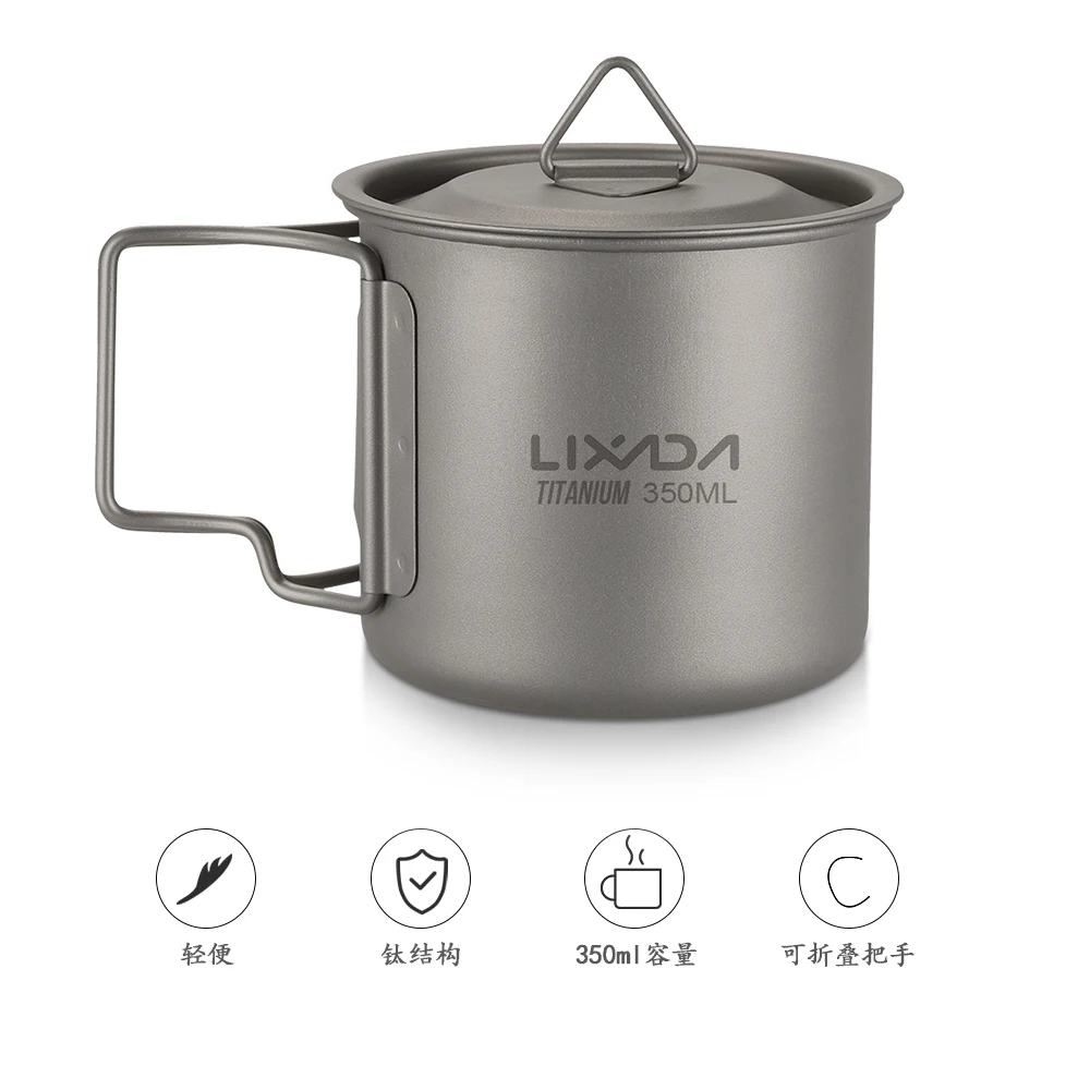 Lixada Ultralight Titanium Cup Mug 300/350/550/650/750ml Water Cup Camping Picnic Water Mug Tableware Foldable Handle