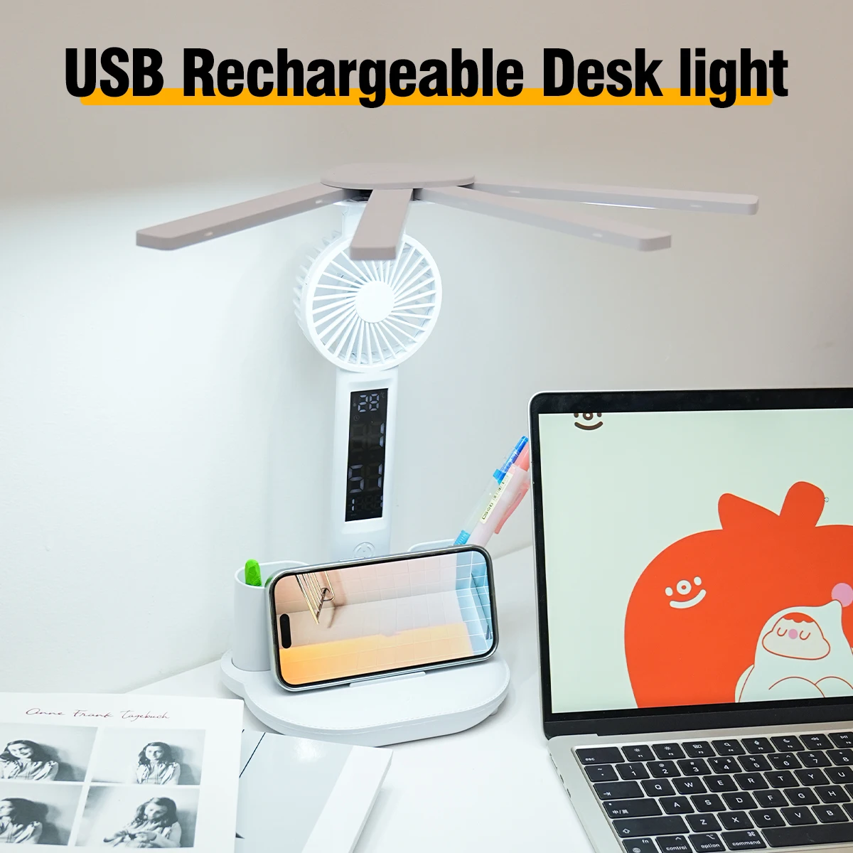 3in1 Multifunction Table Lamp LED Four-headed Folding With Fan Calendar Clock USB Rechargeable Desk light 3 color Reading Lamp 2