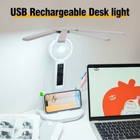 3in1 Multifunction Table Lamp LED Four-headed Folding With Fan Calendar Clock USB Rechargeable Desk light 3 color Reading Lamp 2