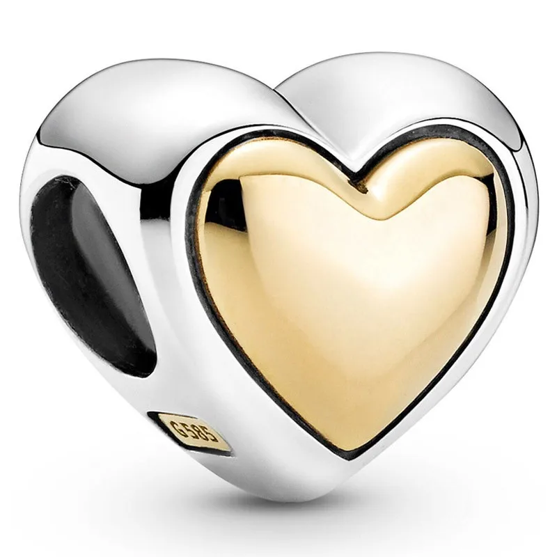 Authentic 925 Sterling Silver Moments Two Tone Domed Golden Heart Charm Bead Fit Pandora Bracelet & Necklace Jewelry