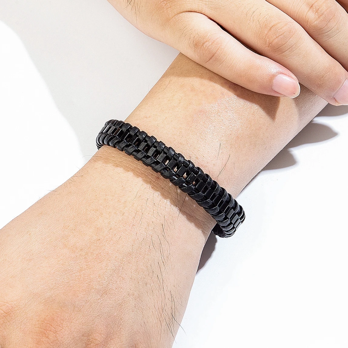 Bracelet Homme Acier Inoxydable Et Cuir Noir, Fermoir Magnétique - 20,5 Cm
