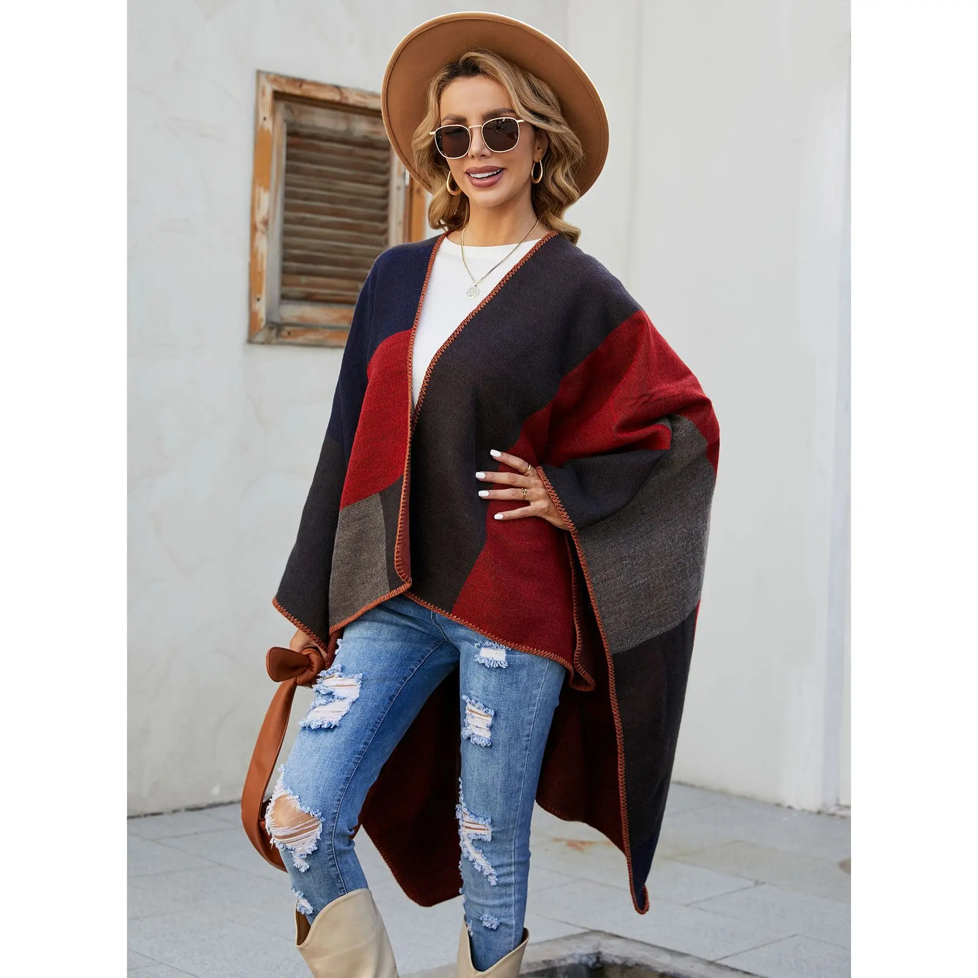 40 Colors Autumn Plaid Printed Thick Blanket Warm Faux Cashmere Loose Poncho Capes  Women Long Split Out Streetwear Shawl  Cloak