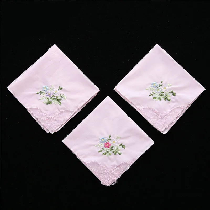 Lenço para Mulheres, 100% Algodão Hanky Floral Pano, Renda Bordada, Flor Hanky, Presente De Casamento, Senhoras, 28x28cm, 3Pcs