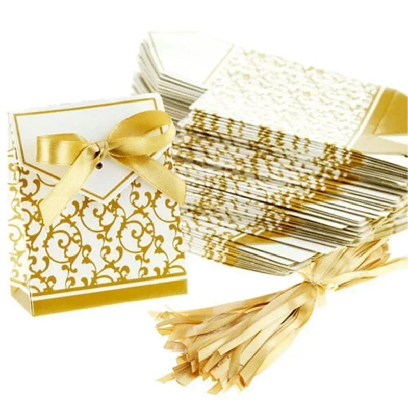 100Pcs Gold Silver Paper Candy Box Gift Bag Wedding Souvenir Packaging Baby Birthday Party Supplies Wedding Candy Chocolate Boxs