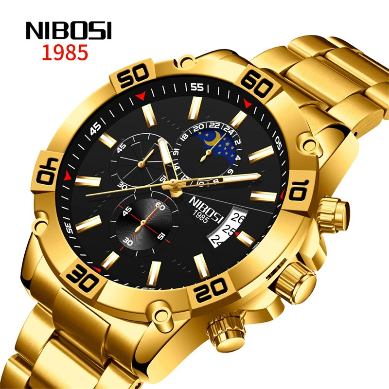 NIBOSI Fashion Watches For Men Luxury Original Classic Quartz Clock Analog Chronograph Sport Waterproof Steel Gold WristWatch