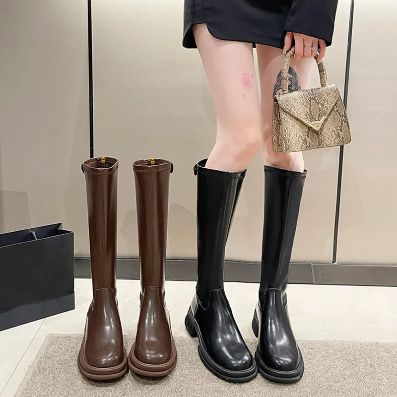 

Med Heel Boots Round Toe Shoes Zipper Boots-Women Ladies Over-the-Knee 2023 Rubber Fabric Solid Rome Basic PU Cotton Hoof