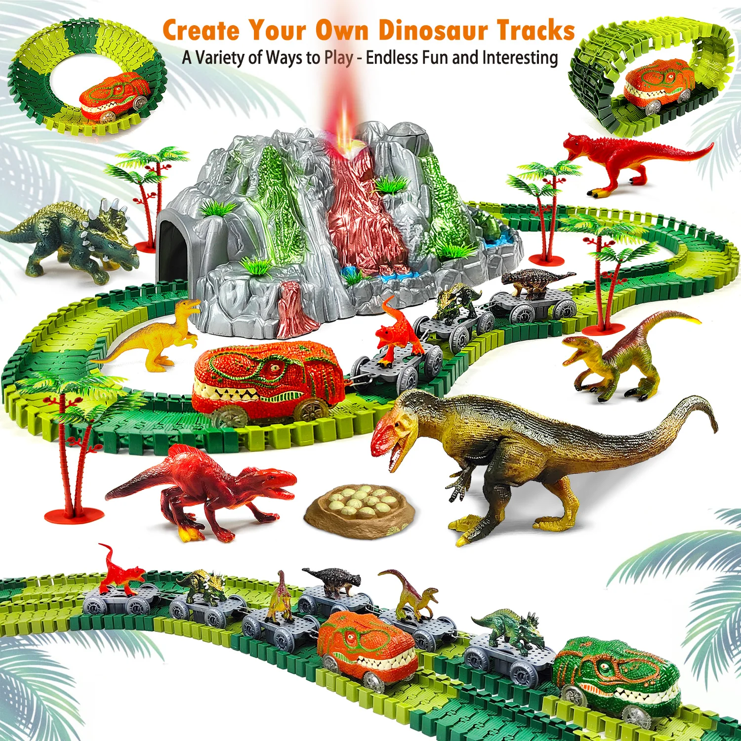 Dinosaur Toys for Kids Mist-spouting Volcano And Climbing Track Train Kit Toys for Boys/Girls Home schoolers Gift for Party Deco 2