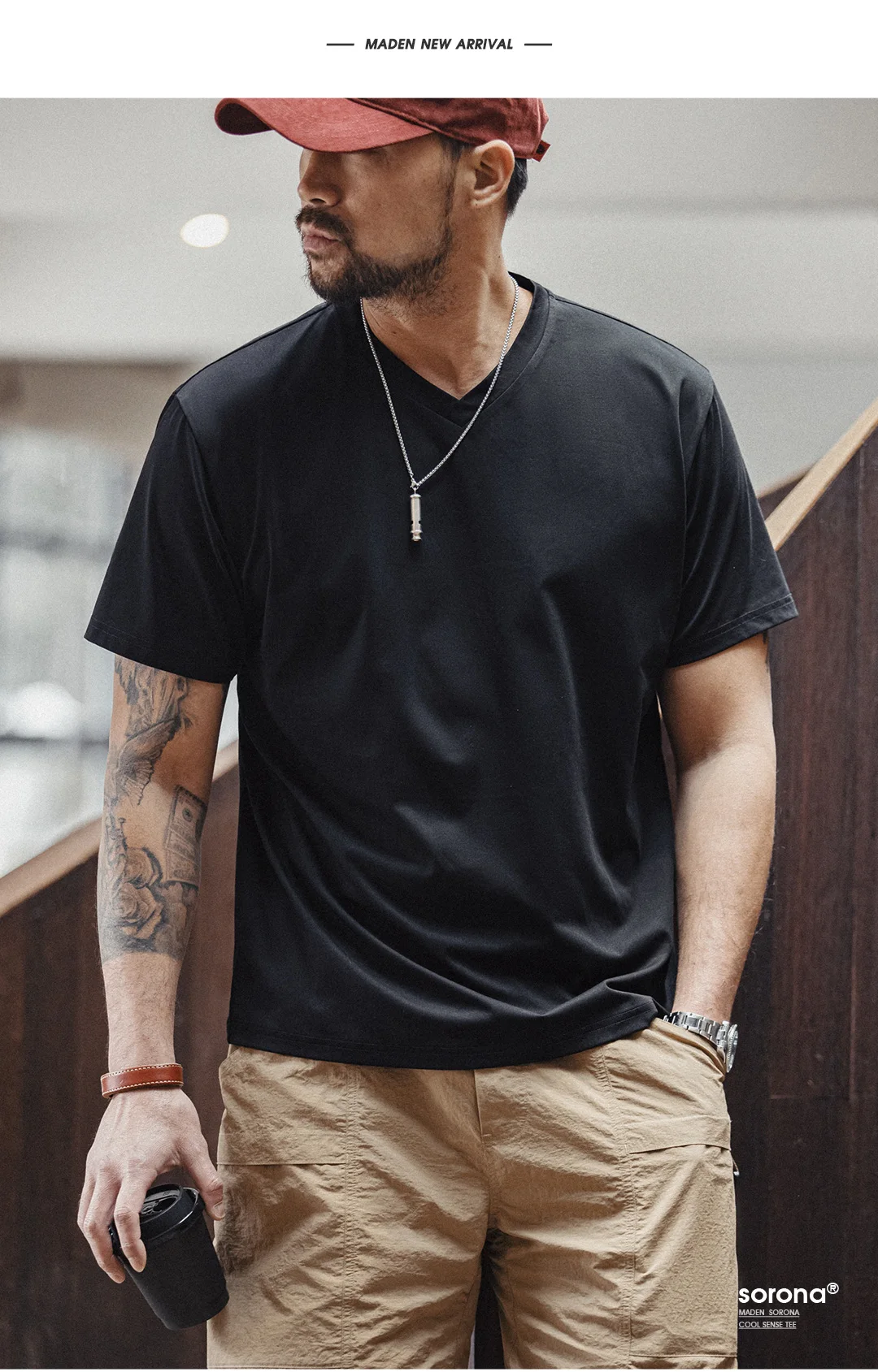 Maden Sorona Quick-drying Sweat-absorbent and Cool Short-sleeved T-shirt V-neck Solid Color Daily Versatile Top for Men's Summer