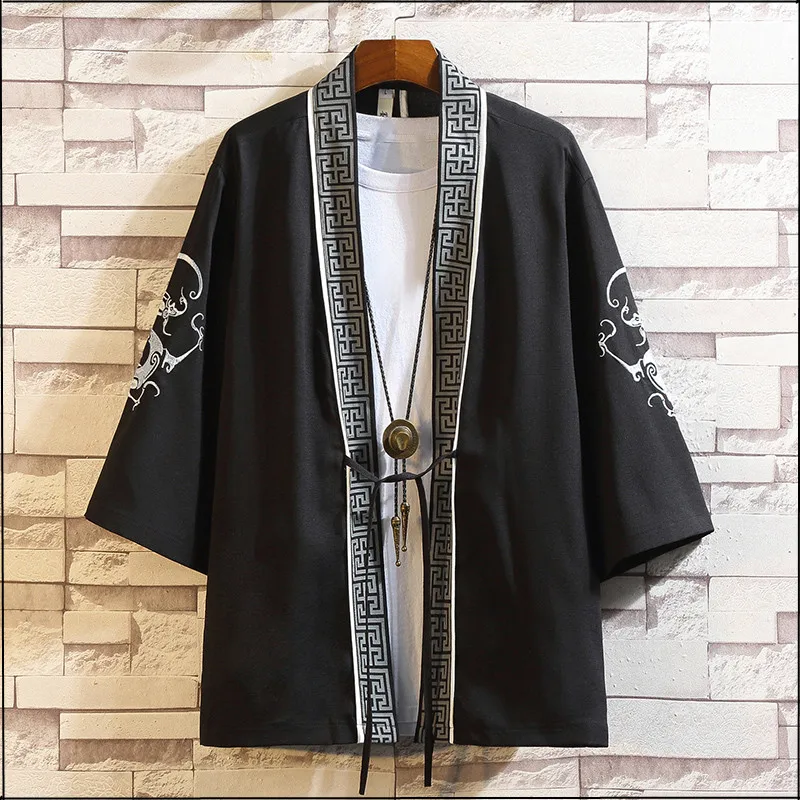 

Large Size Embroidery Kimono Cardigan Men Japanese Samurai Clothing Male Yukata Haori Obi Summer Beach Kimono Outerwear