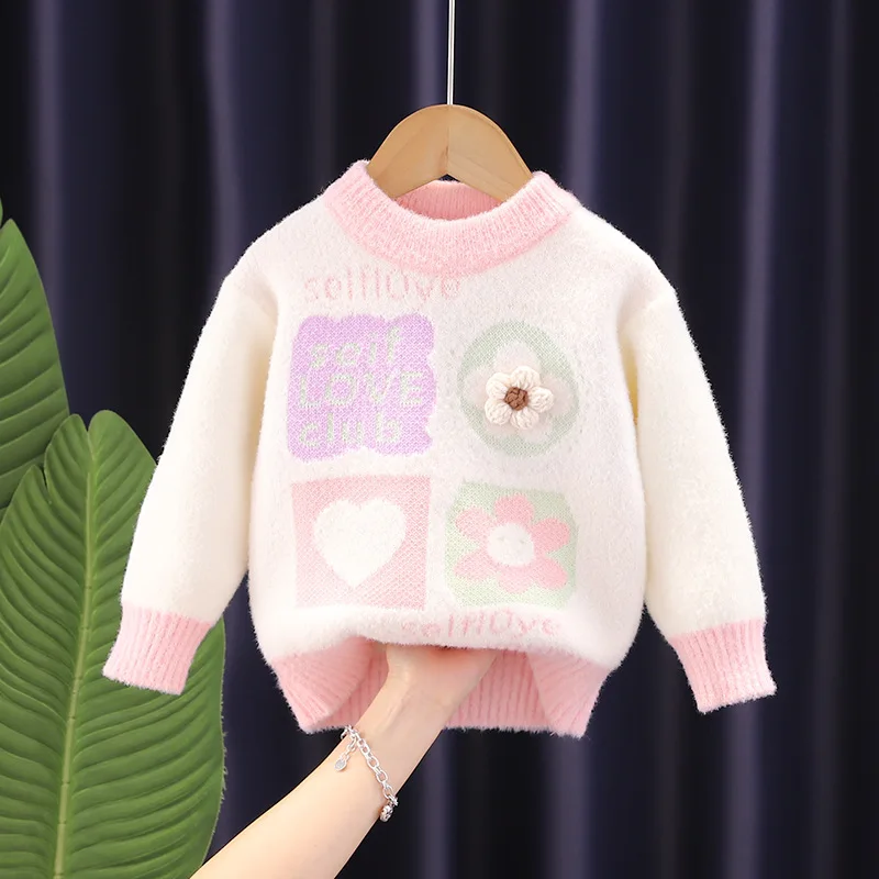 

Girls Pullover Sweaters Autumn Winter Children's Warm Knitted Tops New Fashion O-Neck Full Sleeve Sweater for Baby1-3 Years Old