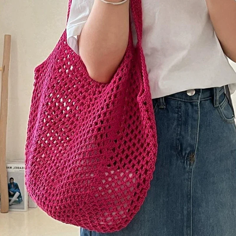 Leisure Large Capacity Cotton Woven Bag Women's Shoulder Bags Casual Straw Wicker Woven Ladies Handmade Beach Tote Messenger Bag