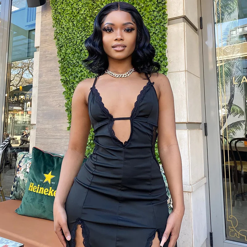 Women's clothing 2025 new suspender hollow out street trendy lace patchwork split hip dress trendy