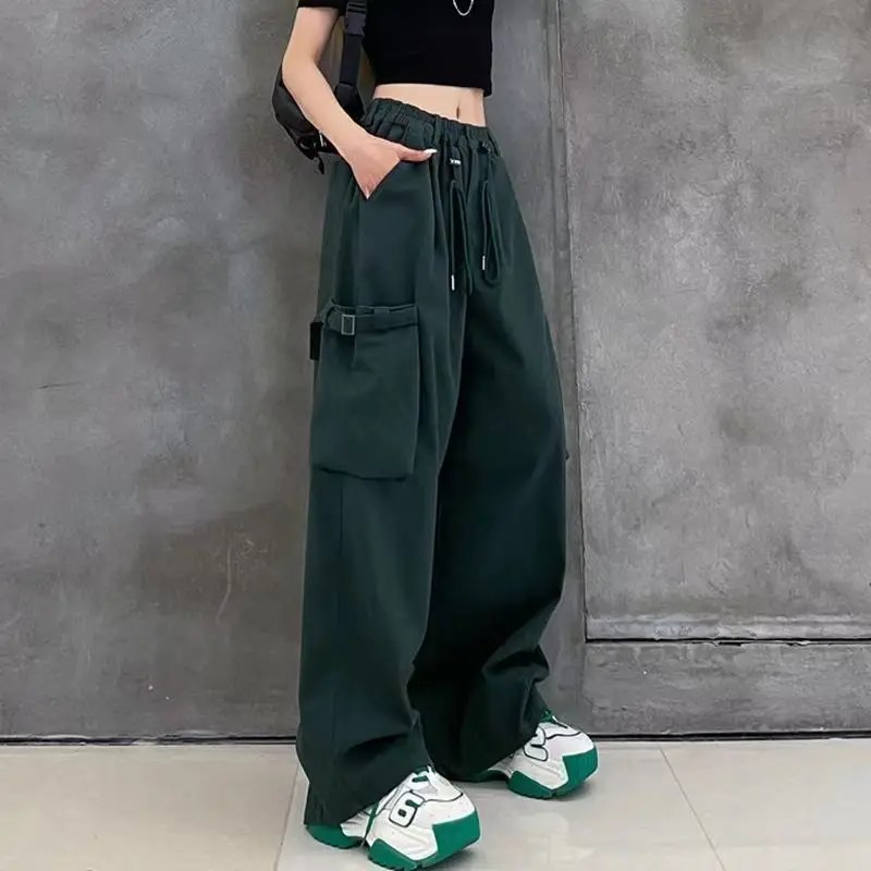 100% Cotton Bandage Patchwork Button High Waist Wide Leg Trousers Spring Autumn Korean Solid Pockets Womens Sweatpants Trend