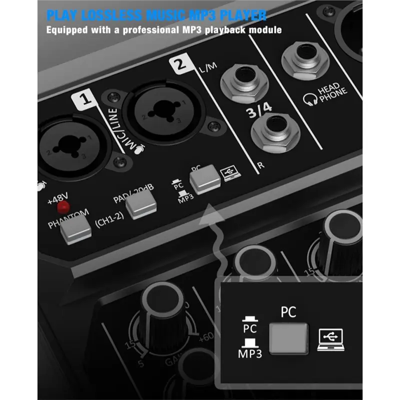 ABJF-USB/MP3 플레이어 호환 4채널 오디오 믹서 스튜디오 사운드 믹서 블루투스 DJ 콘솔 48V 팬텀 파워 (노래방용)
