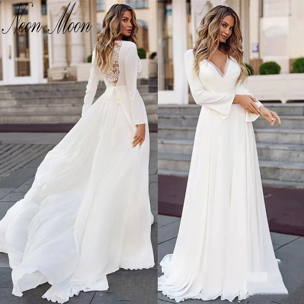 

Refined V Neck A Line Wedding Dress Flare Long Sleeves Elegant Bridal Gown Illusion Back Sweep Train Pleats Vestidos De Novia