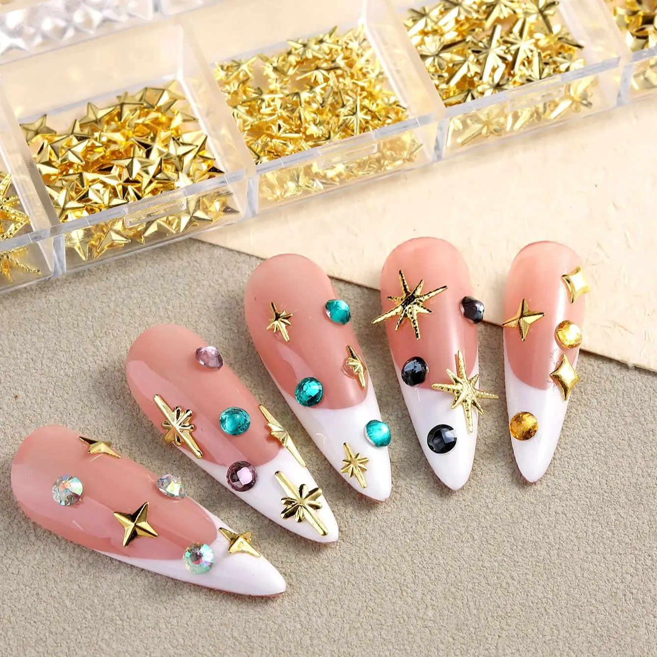 6/12Grids Gold Star Moon Metallic Rivet 3D Nail Charms Alloy Sun Moon Starlight Rhinestones Nail Studs For Nail Art Decoration 4