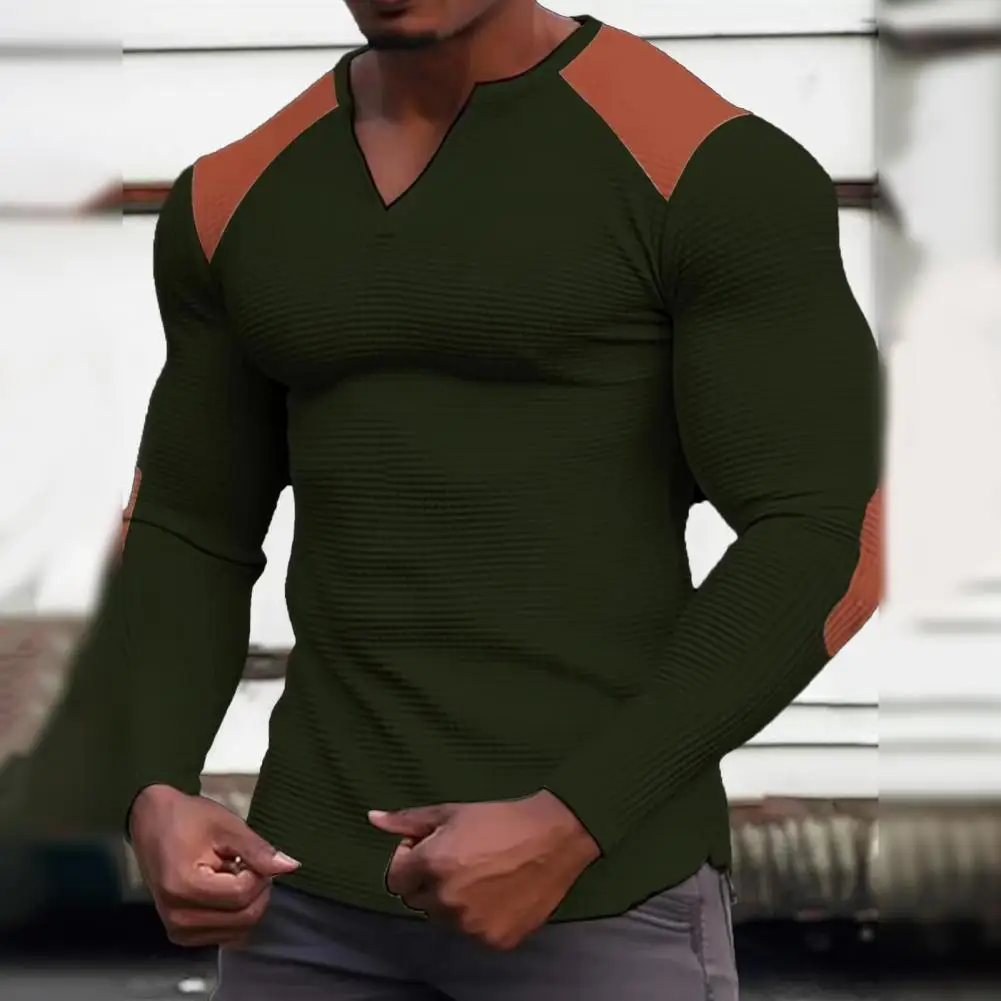 

Men V-neck Long Sleeve T-shirt Men's Slim Fit V-neck Long Sleeve T-shirt with Patchwork Color Waffle Texture for Casual