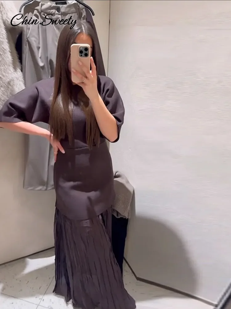 Elegant Patchwork Long Dress Women Brown O-neck Half Sleeve Slim Pleat Dresses Female 2025 Spring Summer Lady High Street Robes 5