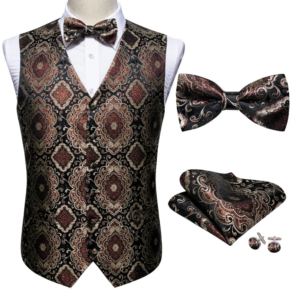 

Fashion Brown Floral Silk Vest Waistcoat Men Suit Vest Butterfly Handkerchief Cufflinks BowTie Vest Barry.Wang Business Design