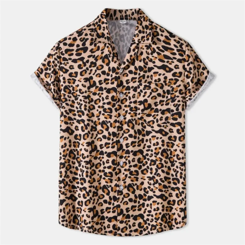 

Мужская рубашка с 3D леопардовым принтом, повседневная одежда для отпуска, с короткими рукавами, уличная одежда с пуговицами, рубашка с лацканами, летний топ