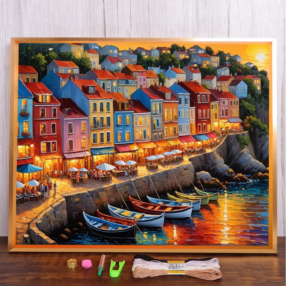 Landscape Town By Sea Pre-Printed Cross Stitch Embroidery Full Kit Sewing Painting Handmade Handiwork Different Promotions