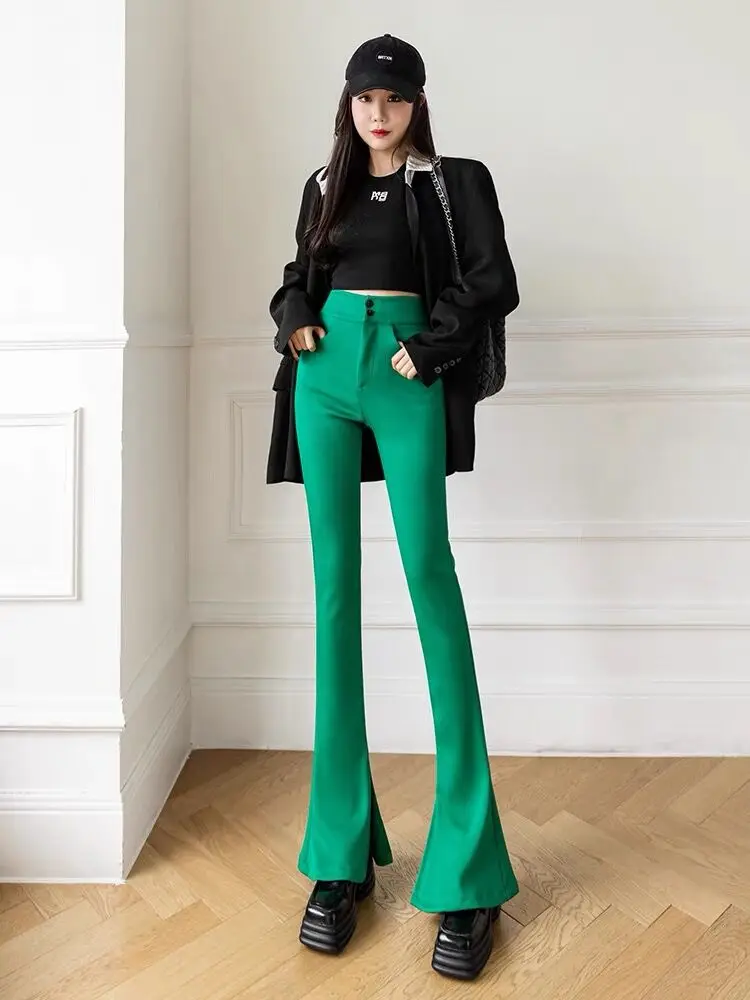 Women Bell Bottoms Leggings Pants Lady Slim Stretch Flare Boot Cut Split Winter Trousers Elastic High Waist Pocket Korean Pants