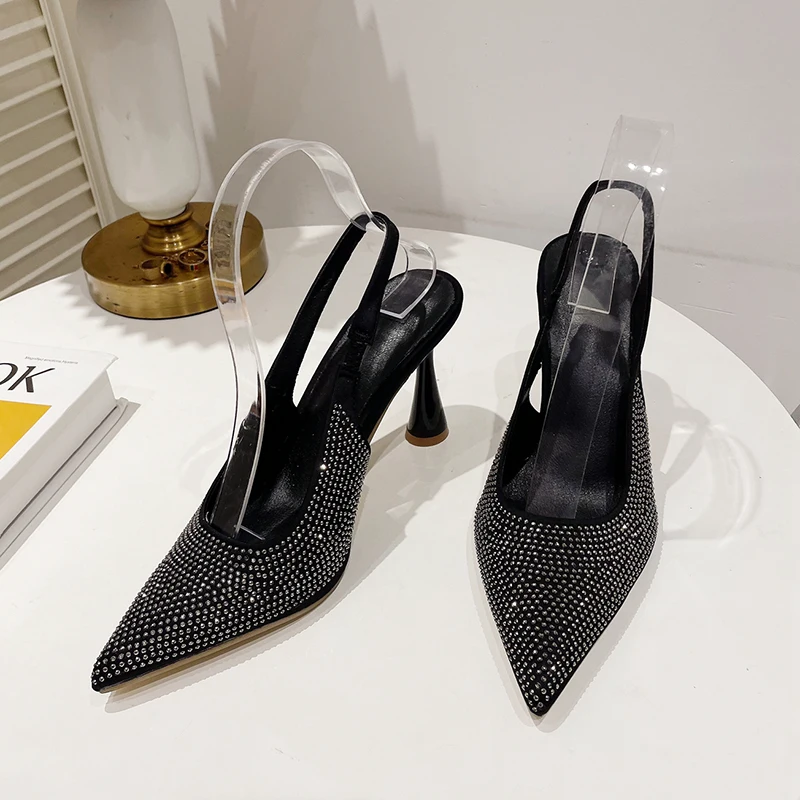 Summer Pointed Rhinestone Elastic Belt Women's Sandals High Heels Solid Color Elegant Dress Shoes Women's Party Shoes Stiletto