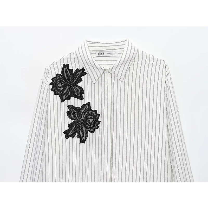 Chic Fashion Stripe Shirts for Women 2025 New Long Sleeve Flower Lace Elegant Women's Streetwear Casual Shirt And Blouse Top ﻿
