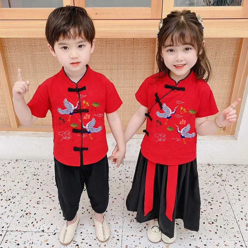 2Pcs Traditional Chinese New Year Costumes Clothes Spring Festival Tang Girl Boy Sets Short Sleeve Top+Pants+Skirt Customized