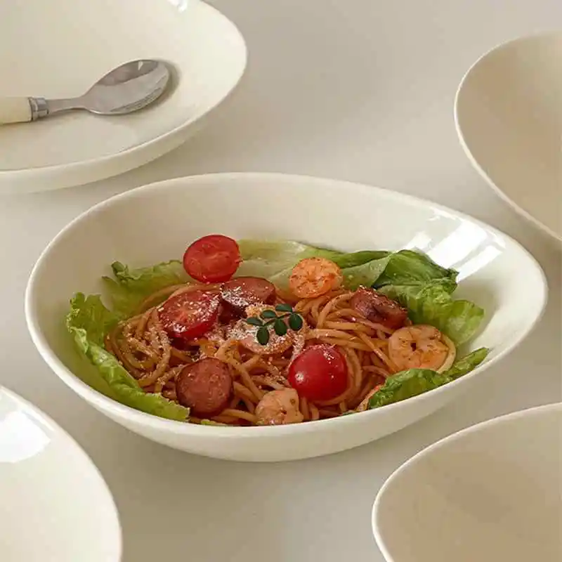 Japanese Style Oval Fruit Salad Plate Solid Colour Pasta Curry Tray Simple Ceramic Dessert Tableware