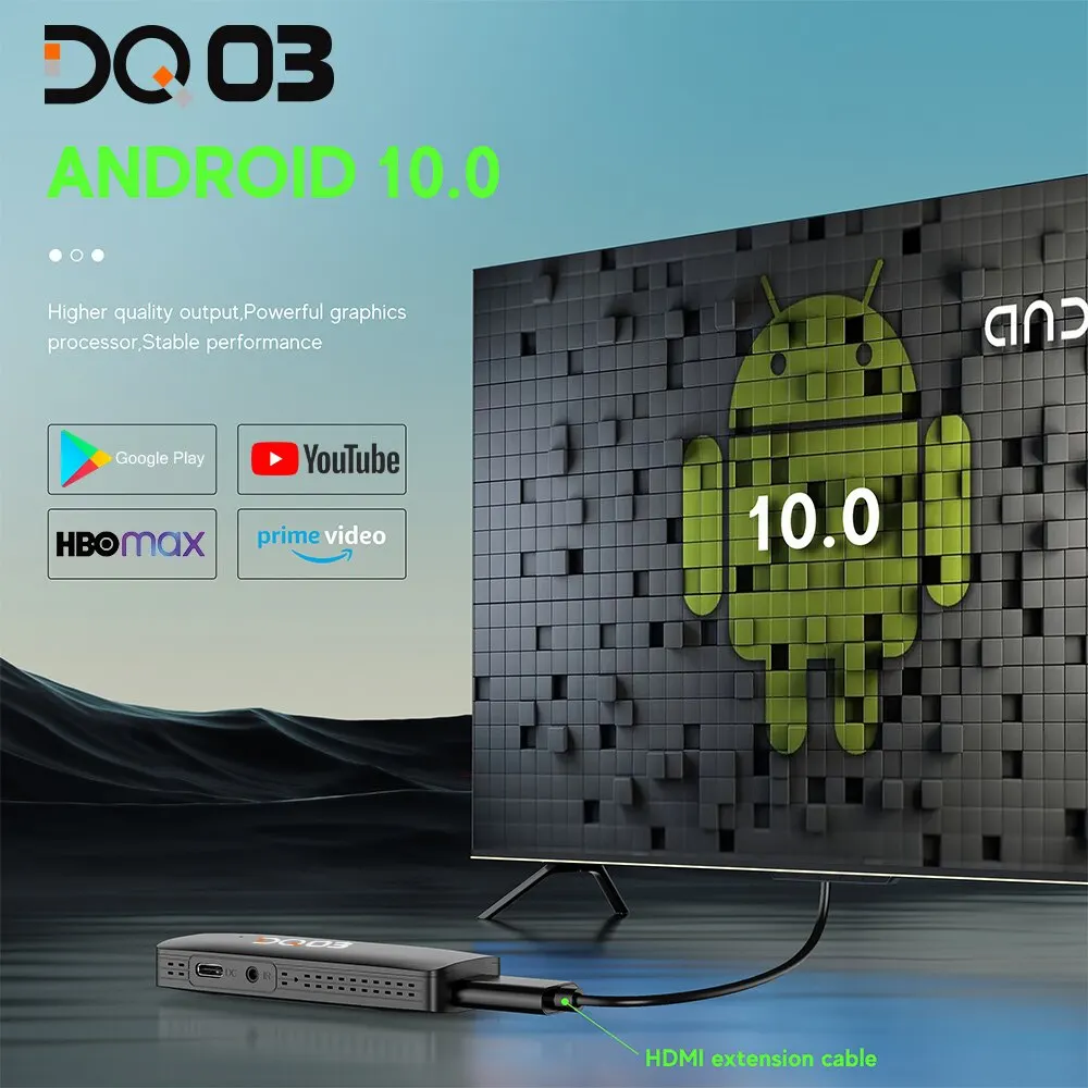 Dq03 mini tv stick android 10 quad core arm cortex a53 2gb 16gb suport 4k h.265 2,4g & 5,8g wifi streaming smart tv box 1gb 8gb