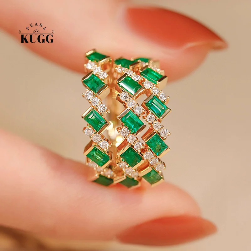 

KUGG 18K Yellow Gold Rings Fashion Design Real Natural Emerald Luxury Diamond Gemstone Ring for Women High Party Jewelry