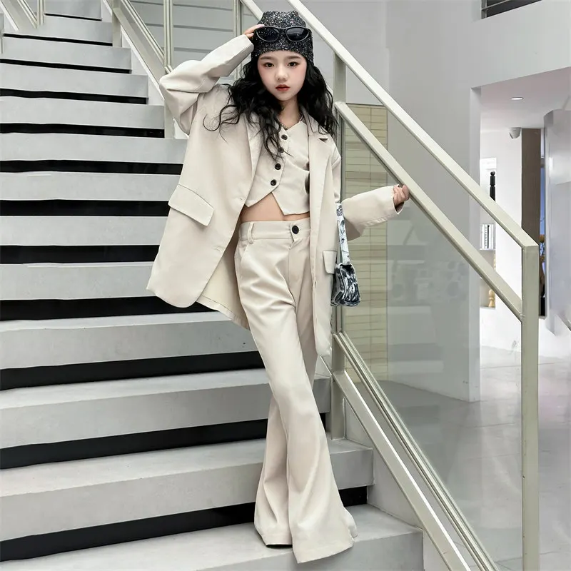 Teenage Girls Suits Blazer 3Pcs Vest+Jackets+Flare Pants Solid