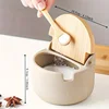 Beige Ceramic Seasoning Jar with Bamboo Lid Kitchen Spice Container Household Salt and Sugar Bowl Set Seasoning Storage Box 5