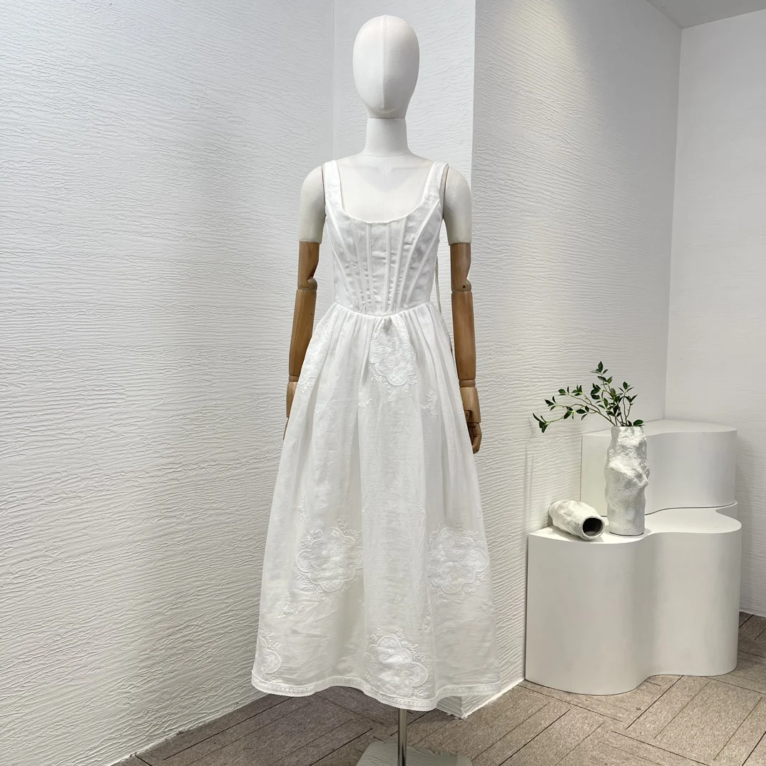 

High Quality Ramie Solid White Sleeveless Fish Bone Pleated Patchwork Embroidery Women Dresses