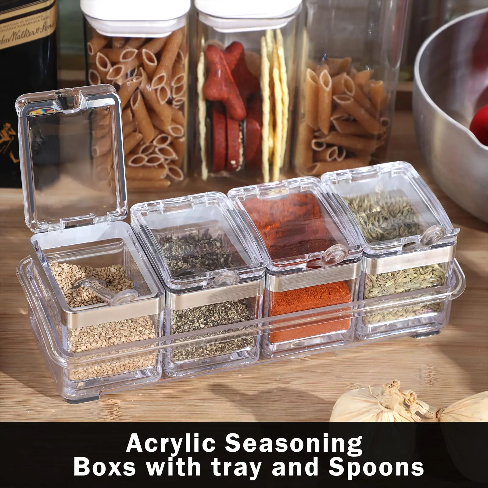 1 Set Acrylic Seasoning Organizer Box 4 Pcs with Lids and Spoons Storage Container Spice Jar for Spice Salt Sugar Cruet Kitchen