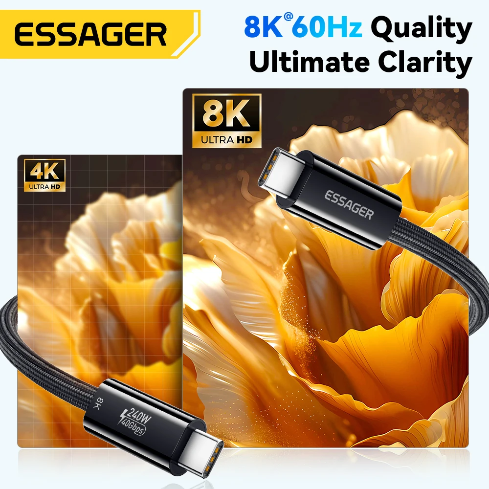 Essager 240W USB Type C Cable USB4.0 40Gbps 8K 60Hz For iPad MacBook Laptop 5A PD3.1 Ultra Fast Charging For iPhone 16 15 Xiaomi