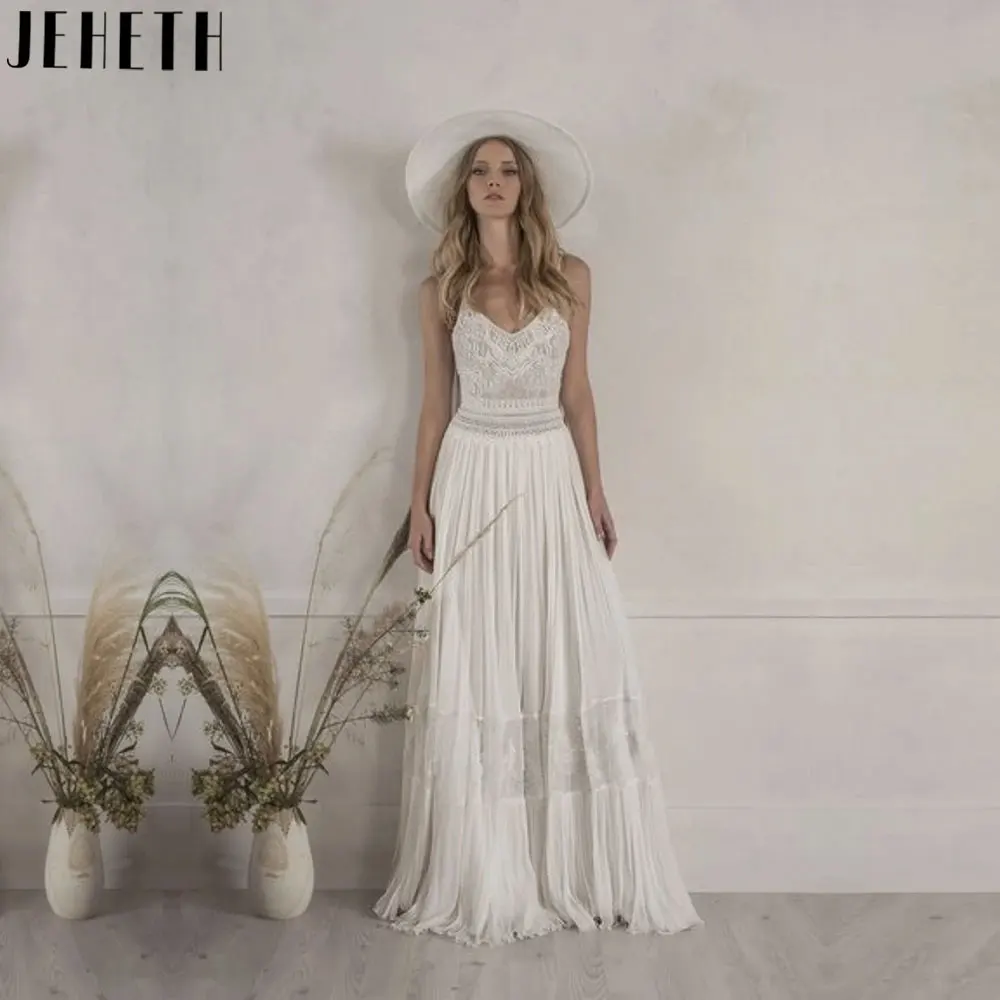JEHETH Classic V-Neck A-Line Bride Dresses Boho Lace Chiffon Wedding Gowns Backless Sleeveless Spaghetti Straps Robe Mariée 2024