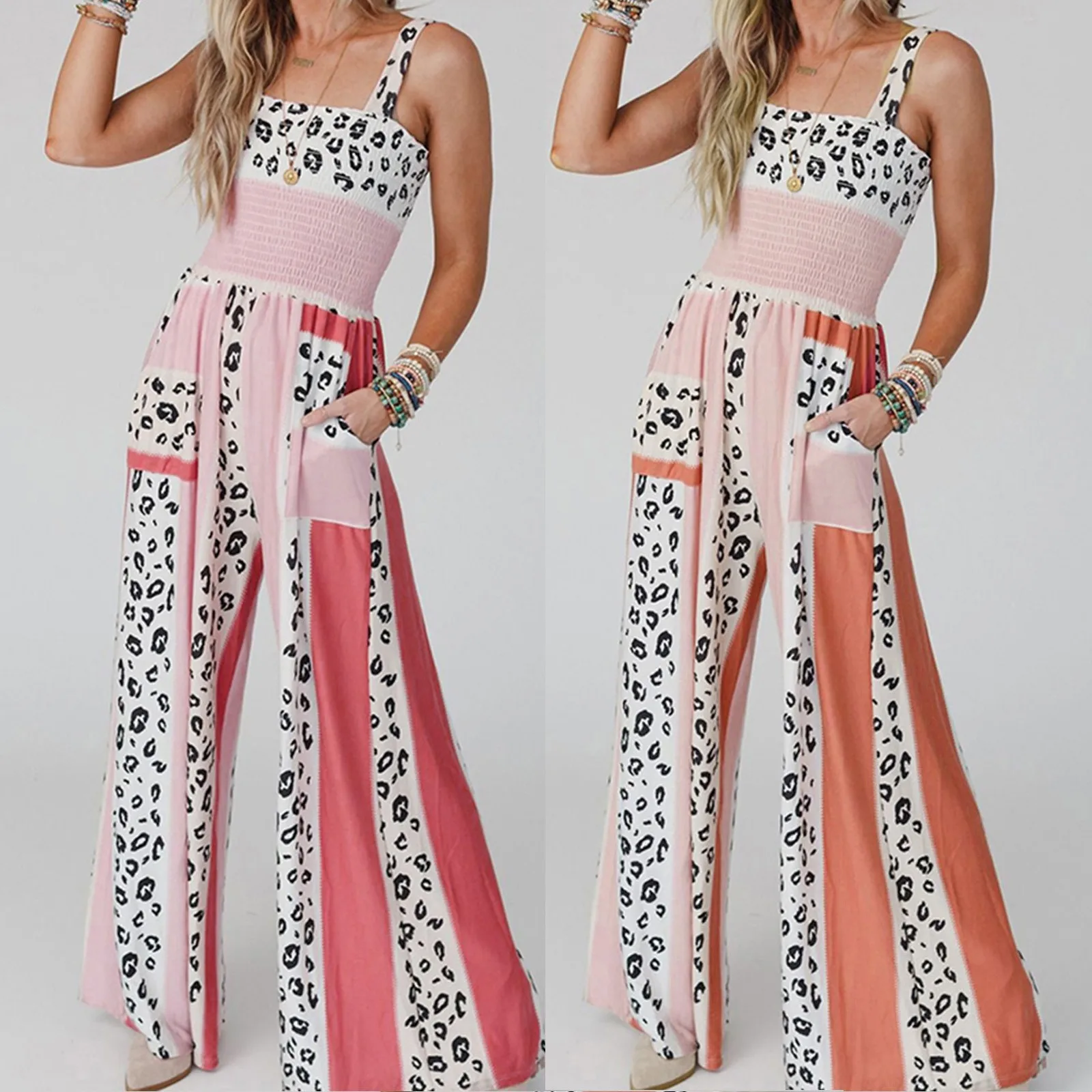 

Women Leopard Print Jumpsuits Summer Overalls Multicolor Square Neck Sleeveless Casual Rompers for Women Playsuit with Pockets