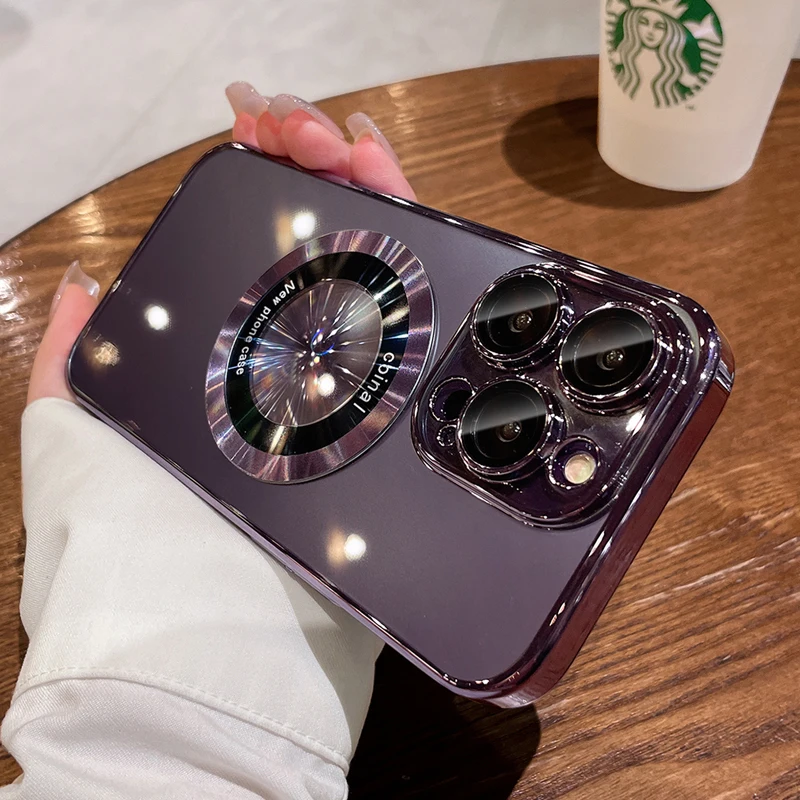 Luxury Logo Window Magnet Wireless Charger Plating Clear Case For iPhone 16 15 14 13 12 11 Pro Max Plus Back Cover For Magsafe