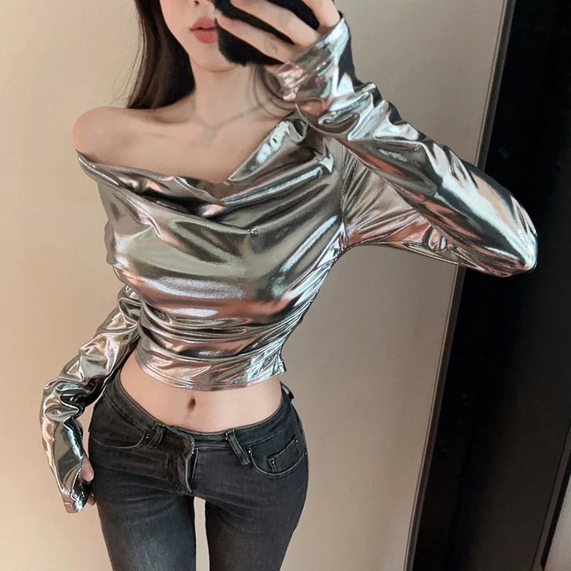 トップス ayuki 7093 Autumn Vintage Glossy Swing Neck Slim Sexy Crop Top