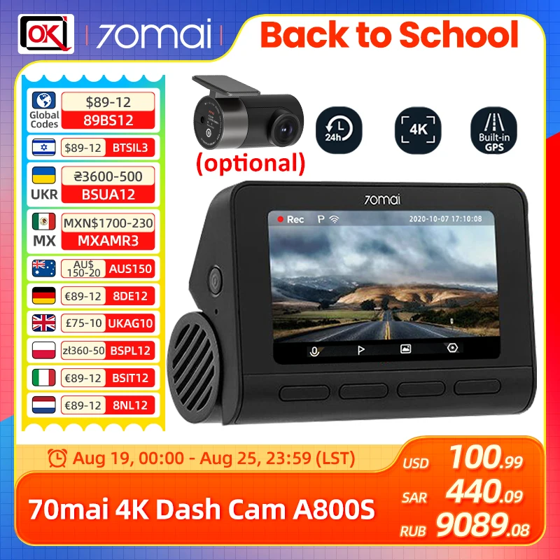 70mai Dash Cam 4K A800S Built-in GPS ADAS Real 4K UHD Cinema-quality video 24H Parking for SONY IMX415 DVR dash cam