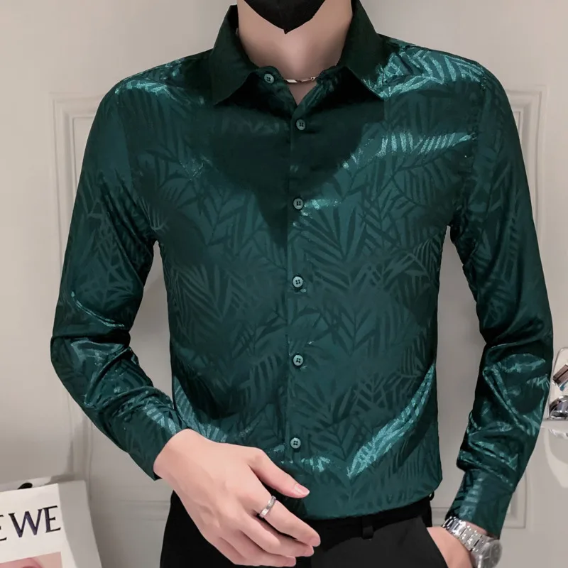 Satin Glossy Pattern Shirt Men Dress Shirts Long Sleeve Hombre Chemise Homme 4xl Club Party