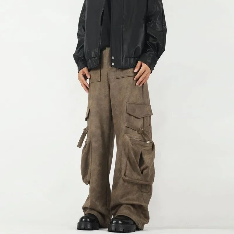 

Brown Harajuku Suede Overalls Men's Autumn and Winter Casual Wide Leg Pants Men's Aesthetic Fashion Trend Casual Versatile Style