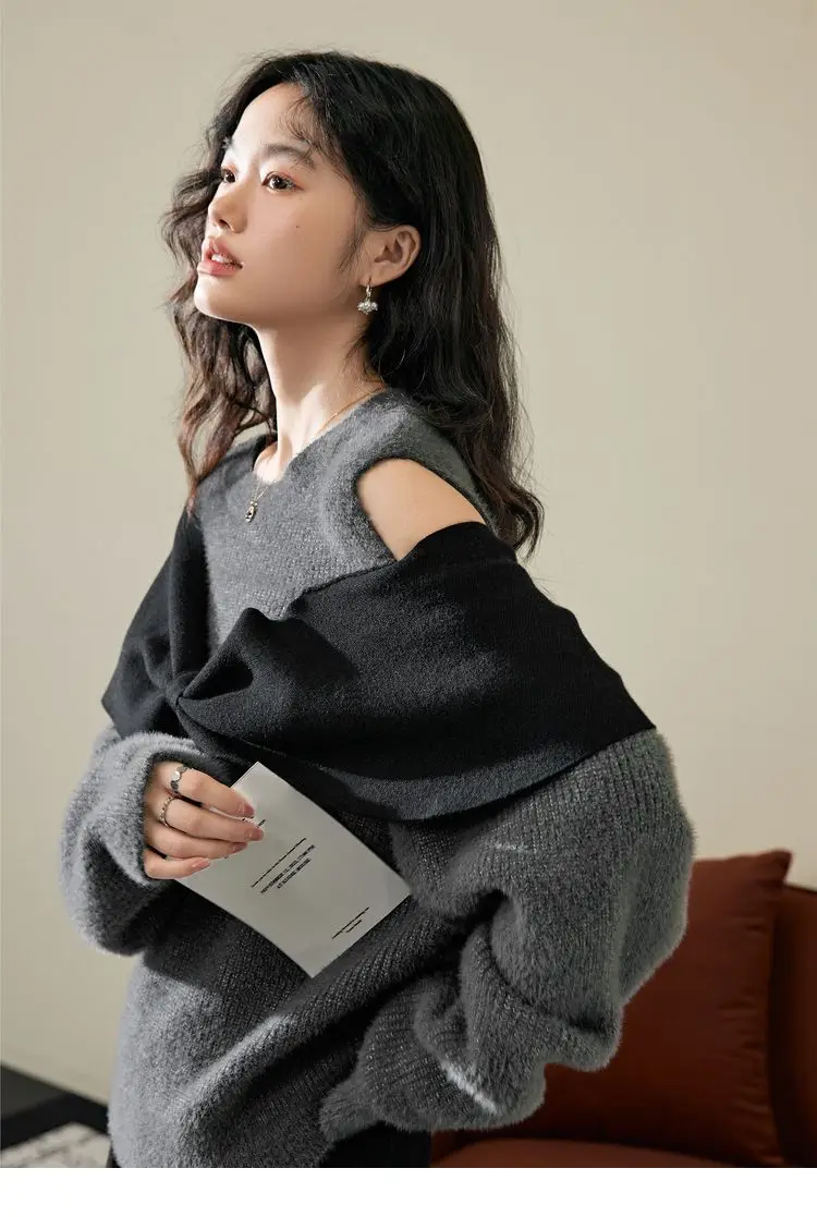 Women Fashion Loose Knit Sweater Sexy Off Shoulder Long Sleeve Gray Bow Jumpers Female Pullovers Korea Chic Tops